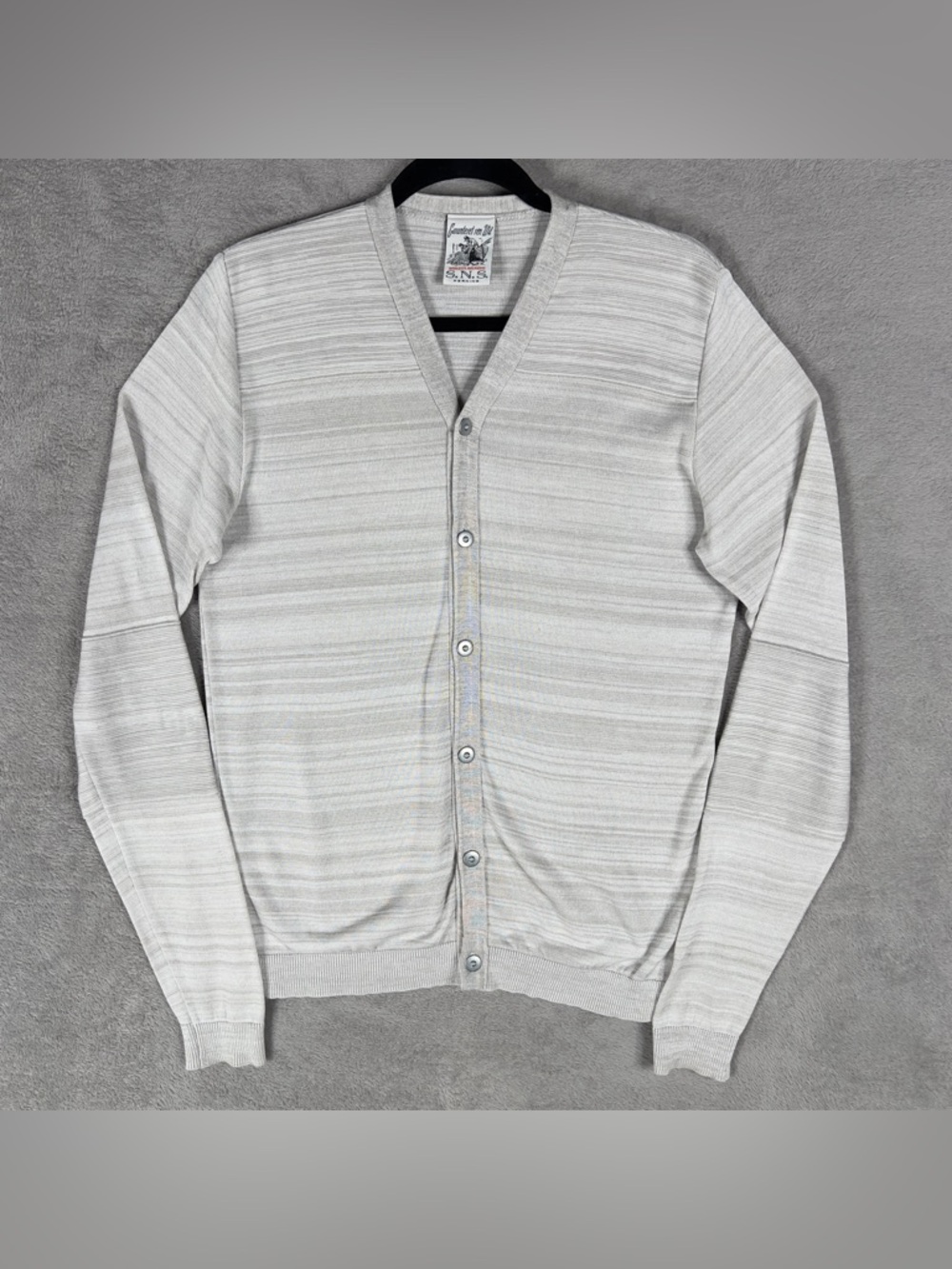 SNS Herning‎ V-Neck Cardigan Sweater Men's Small Gray Striped Mercerized Cotton